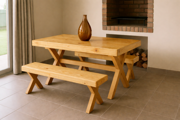 Cross Leg Pine Table and Benches Set