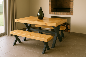 Cross Leg Pine Table and Benches Set