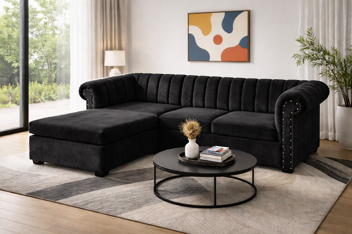 L-Shape Velvet Couch with Movable Ottoman