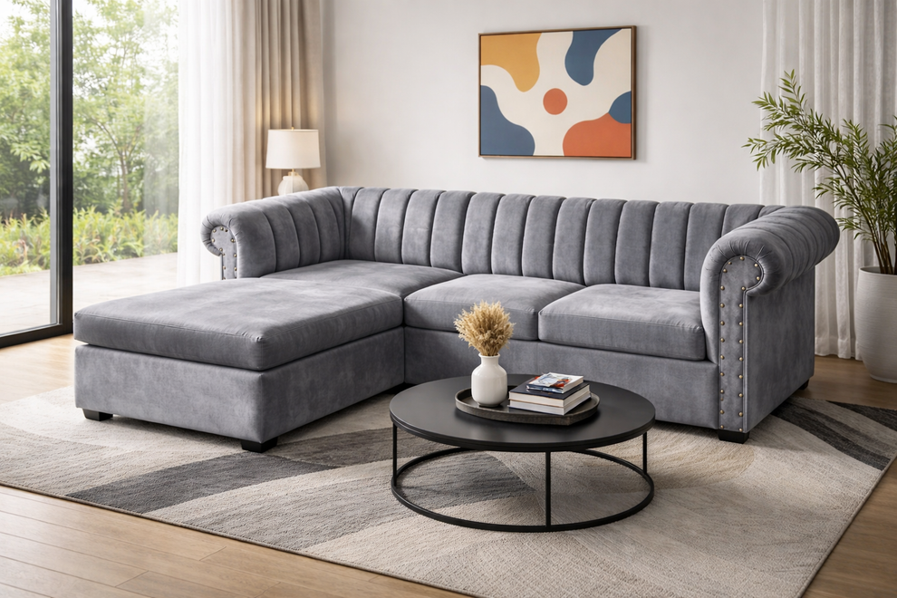 L-Shape Velvet Couch with Movable Ottoman