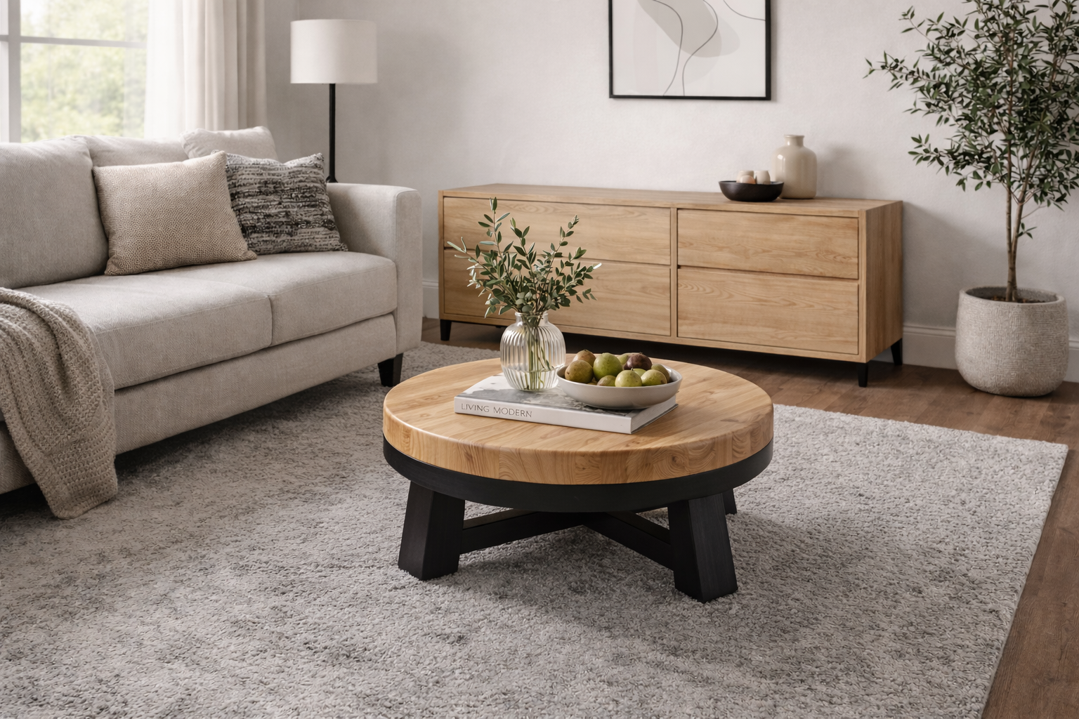 Solid Wood Round Coffee Table Black and Pine